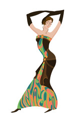 Obraz na płótnie Canvas Vector illustration of a beautiful lady. Woman in a multicolored dress. Retro fashion. Dancing woman in evening dress. Patterns on clothes. Black, long gloves.