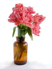 pink tulips in glass brown vase