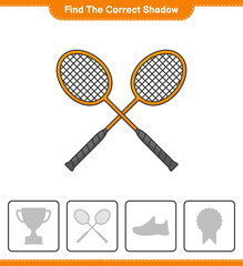 Find the correct shadow. Find and match the correct shadow of Badminton Rackets. Educational children game, printable worksheet, vector illustration