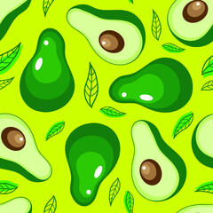 Avocado fruit whole and half seamless pattern. Vector illustration.