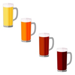 Set with craft beer in mug glasses for banners, flyers, posters, cards. Light and dark beer, ale, and lager. International Beer Day. Flat style. Vector illustration isolated on white background.