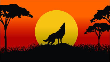 Naklejka premium Vector Landscape Illustration of Beautiful mountain landscape with Wolf, Africa tree, and forest. sunrise and sunset in mountains.