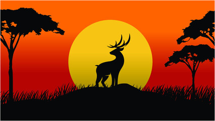 Vector Landscape Illustration of Beautiful mountain landscape with Deer, Africa tree, and forest. sunrise and sunset in mountains.
