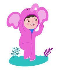 Cheerful kids character in elephant masquerade costume for school pajama party, birthday. Vector hand drawn cartoon flat style illustration.
