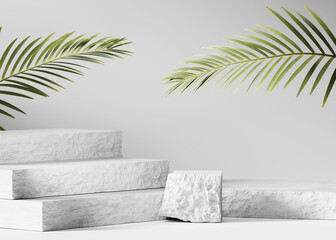 3D background, stone podium display. Green tropical palm. Cosmetics, beauty product promotion white pedestal.  Natural  shadow, rough grey rock showcase. Abstract minimal studio 3D render 