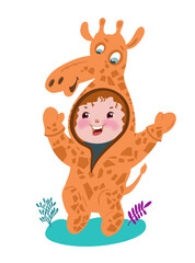 Cheerful kids character in giraffe masquerade costume for school pajama party, birthday. Vector hand drawn cartoon flat style illustration.