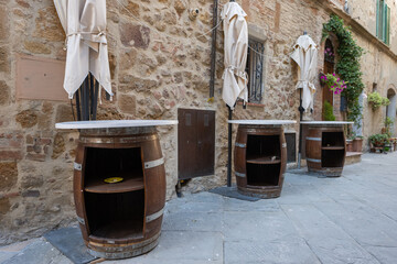 Wooden wine barrel on the street bar restaurant