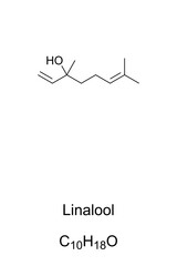 Linalool, chemical formula and skeletal structure. Organic compound, found in many flowers and spice plants. An insecticide, and widely used in perfumed hygiene products and cleaning agents. Vector.