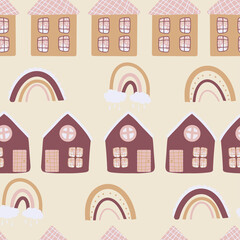 Seamless pattern with cute hand-drawn houses, delicate colors, cartoon houses, simple and cute style, additional rainbow elements, printing on stationery, wallpaper and use in your own design