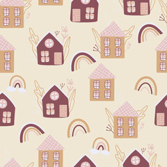 Seamless pattern with cute hand-drawn houses, delicate colors, cartoon houses, simple and cute style, additional rainbow elements, printing on stationery, wallpaper and use in your own design