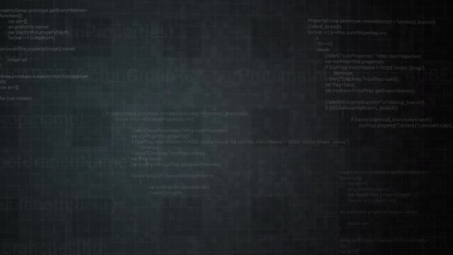 Moving inside the digital computer cyberspace. Motion. Programming data code text and futuristic HUD elements appear on a dark background.