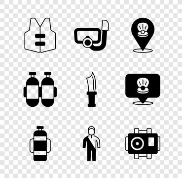 Set Life jacket, Diving mask with snorkel, Scallop sea shell, Aqualung, Wetsuit for scuba diving, Photo camera diver, and knife icon. Vector