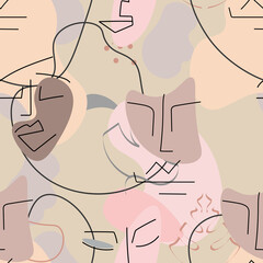 Obraz na płótnie Canvas One line drawing. Abstract face seamless pattern.