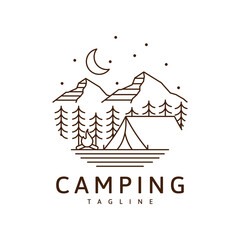 Camping logo or illustration monoline or line art style, tent, mountain, camp fire at night vector design