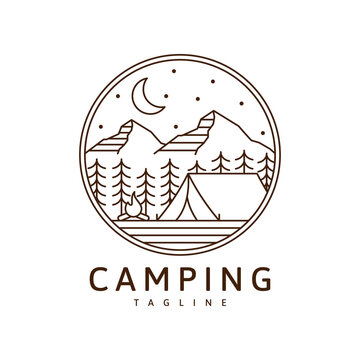 Camping logo or illustration monoline or line art style, tent, mountain, camp fire at night vector design