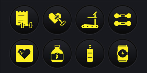 Set Heart rate, Dumbbell, Sports nutrition, Punching bag, Treadmill machine, with heart, Energy drink and training program icon. Vector