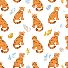 Obraz premium Bright summer tropical seamless pattern. Cute tiger, palm leaves childrens vector illustration cartoon style. For nursery, posters, prints on fabric. International Tiger Day. Chinese New Year 2022.