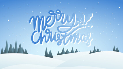 Fototapeta na wymiar Merry Christmas handwritten with snowflakes and Landscape Snowy background ,Snowdrifts. Snowfall Clear blue sky , Illustration Vector EPS 10
