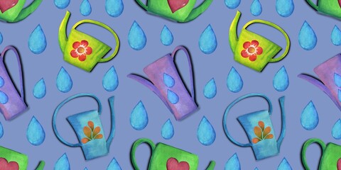 Fototapeta premium Seamless pattern, watercolor illustration, colorful cute watering cans for watering plants with water drops on a blue background