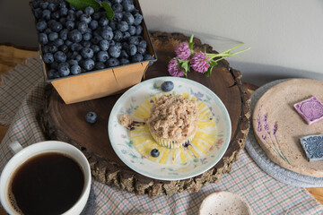 Blueberry muffin on a pretty plate with heaping basket of fresh picked blueberries.  Hot cup of coffee.