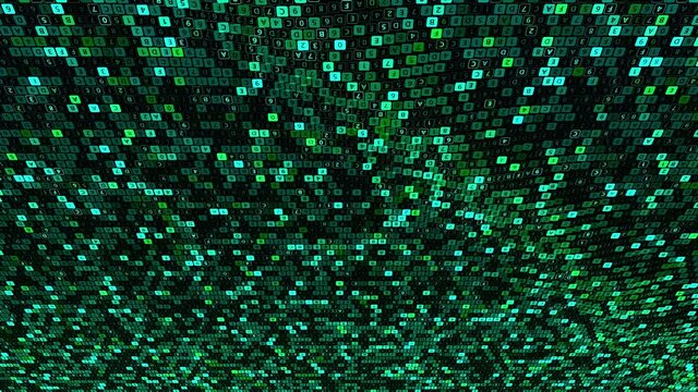 Abstract colorful transforming and waving data canvas, concept of artificial intelligence. Animation. Blinking and changing lines of a programing code on a dark background background, seamless loop.