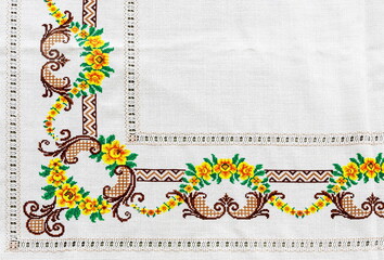 cross-stitch products folk crafts ornaments and patterns embroidered on canvas. linen cloth
