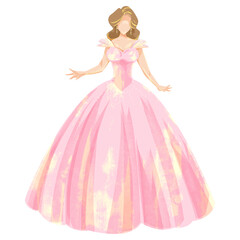 ピンクのドレスのプリンセス手書き水彩イラスト