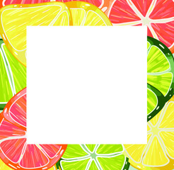 Vector frame with illustration of citrus, lime, grapefour, lemon, orange. Summer frame for photos, postcards, podrakami, drawings.