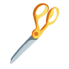 School scissors with yellow handles. Tailors scissors. Watercolor illustration isolated on white background.