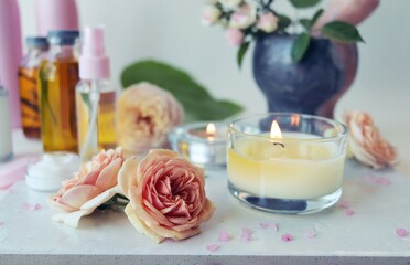 Fresh roses, candles, skin care ingredients, healthy lifestyle, relaxation, home cosmetics 