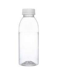 Clear plastic bottle with white cap isolated on white background