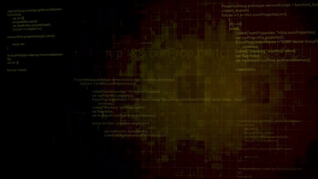 Moving inside the digital computer cyberspace. Motion. Programming data code text and futuristic HUD elements appear on a dark background.