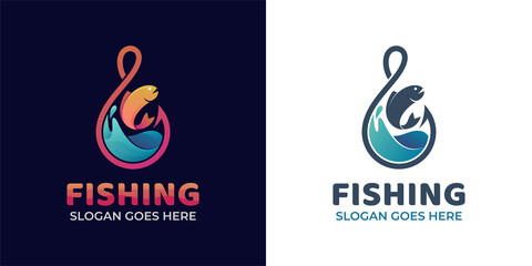 modern gradient logos of fishing hook with wave ocean with fresh fish for fishing and fisherman logo