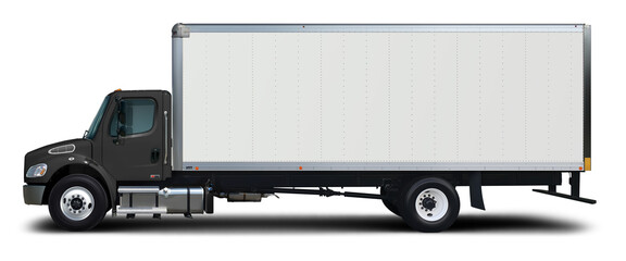 Delivery truck side view with black cab isolated on white background.