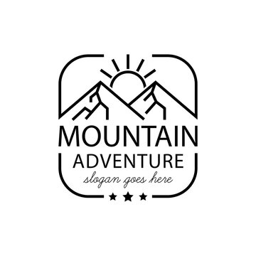 sunrise Mountain Landscape with Focus round Square Lens Frame for Adventure Outdoor Nature Photographer Logo Design