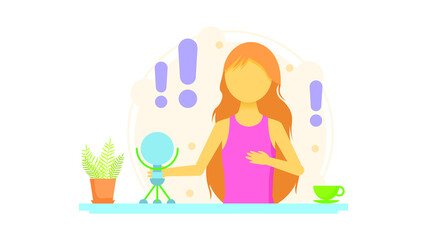 Abstract Flat Woman Female Talking In Microphone With Flower And Cup Cartoon People Character Concept Illustration Vector Design Style Creative Recording Podcast