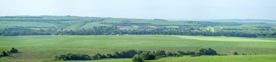 Beautiful panorama of agricultural fields and hills on a summer day in Ukraine