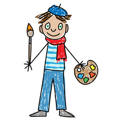 Young artist. Little boy with green eyes in blue beret and red scarf with brush and palette. Children art school. Kids Drawing style. Vector illustration on the white background