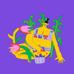 ethnic woman sits on the ground in leaves and flowers.restoration of the spirit in nature.Work life balance.Meditation, harmony and holistic health.Childish Hand Drawn Colorful 70s.