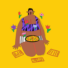 ethnic woman has a pizza snack on the floor while working. Lunch break. The concept of work life balance and self-respect. Holistic health, harmony and mental health care.Hand drawn colorful flat