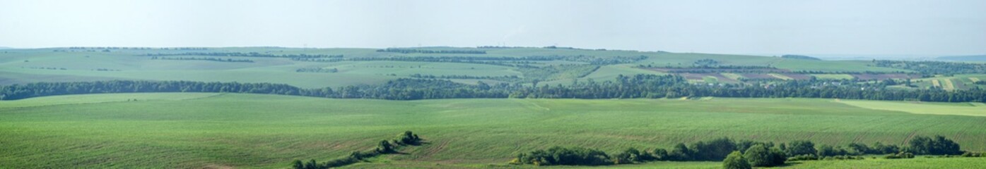 Obraz premium Beautiful panorama of agricultural fields and hills on a summer day in Ukraine