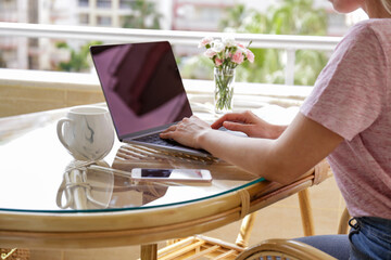 Work from home concept. Cropped shot of woman's hands typing on laptop. Female freelancer working at her living room. Close up, copy space for text.