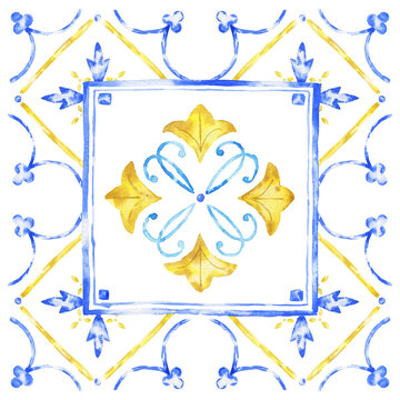 Mediterranean geometric ornament, square tile. Watercolour Italian design, hand drawn illustration. 