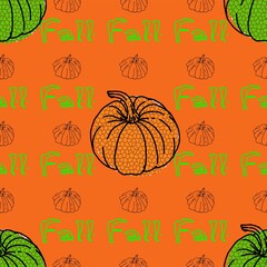 Fall autumn orange and green pumpkins on orange background pattern. Thanksgiving holidays seamless repeat swatch.