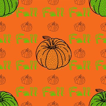 Fall autumn orange and green pumpkins on orange background pattern. Thanksgiving holidays seamless repeat swatch.
