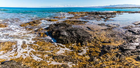 Tide Pools and Exposed Lava Reef on Anaeho'omalu Bay, Hawaii Island, Hawaii, USA