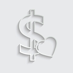 paper  dollar icon with a heart . money sign. vector