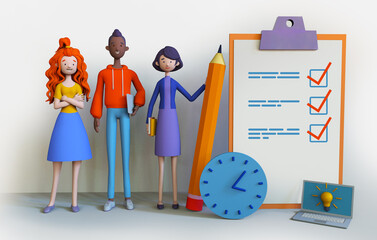 Cartoon business people  organizing their tasks and appointments. Project task management concept. Trendy 3d illustration.