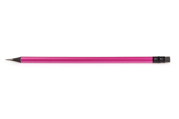 Pink ebony wood pencil isolated on white background. A simple pencil with an eraser. Office tools. Close-up.