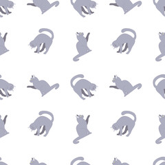 Cats pets seamless pattern. Seamless pattern with gray stretching purring kittens. Stock vector illustration on a white background.